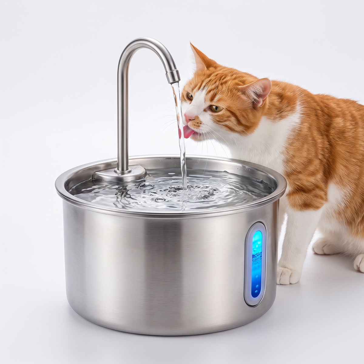 Gato naranja bebiendo agua de una fuente de acero inoxidable para mascotas