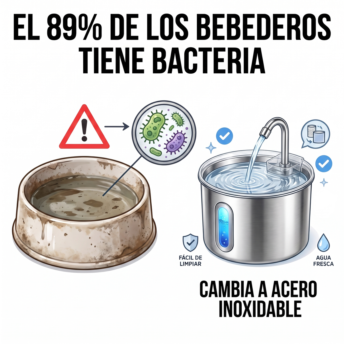 Comparación entre un bebedero sucio con bacterias y un bebedero de acero inoxidable limpio.